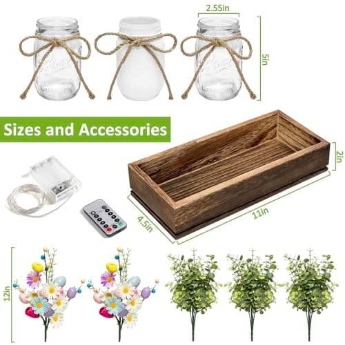 HOMECOR Mason Jar Centerpiece Light Table Decorations - Table Runner Home Decor Coffee Table Decor with Wood Tray and Remote Control Led Light Table Centerpieces for Home Kitchen Dining Living Room - Thumbnail 2