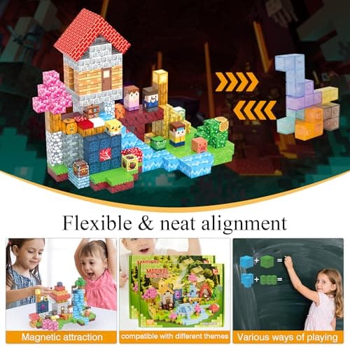 HEJIHUI 300 PCS Magnetic Building Blocks with Light Cube - STEM Educational Toys with Storage Bag for Kids 3+ (Village Theme) - Thumbnail 5