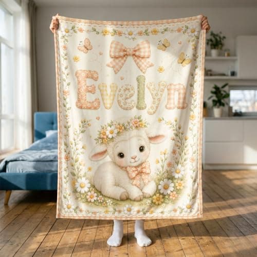 Kreiphantom Personalized Baby Blanket with Name, Custom Baby Blankets, Gift for Boy Girl, Ship Next Day, Customized Name, Baby Essentials, Sheep Design - Thumbnail 2