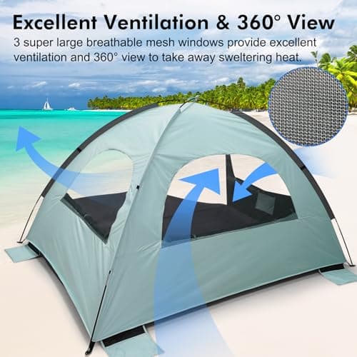 WhiteFang Beach Tent Anti-UV Portable Sun Shade Shelter for 4 Person with Blackout Shelter, Extendable Floor with 3 Ventilating Mesh Windows Plus Carrying Bag, Stakes and Guy Lines (Mint Green) - Thumbnail 5