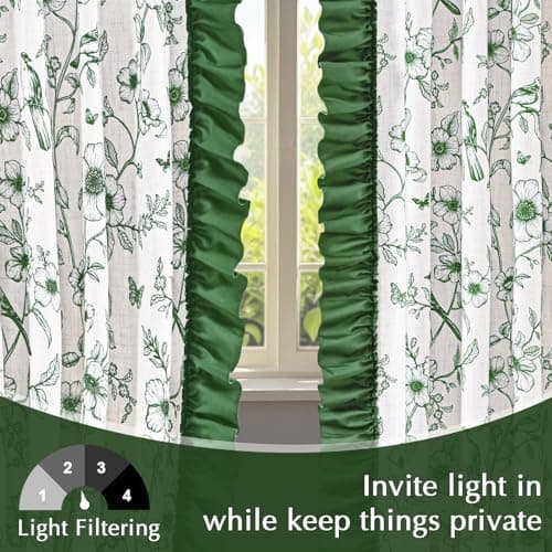 Yinhua Green Floral Curtains for Living Room 63 Inch French Country Linen Bedroom Curtains with Ruffle Tieback, Light Filtering Flower Patterned Window Curtain Rod Pocket Back Tab Drapes, 2 Panels - Thumbnail 3