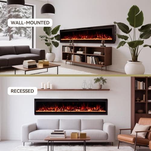 60 Inch Ultra-Narrow Bezel Electric Fireplace,Log & Crystal,Recessed/Wall Mounted,Dual Control,Remote & Touch,750/1500W Heater,Timer,4-Color Flames/Embers & 3-Color Top Lights. - Thumbnail 3