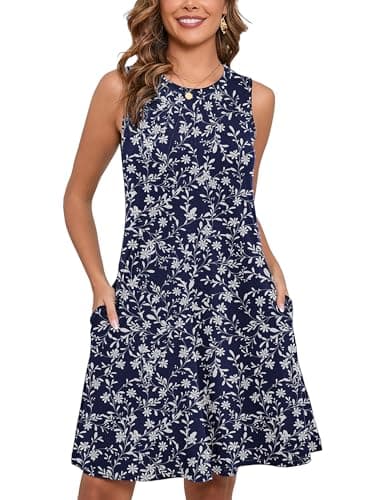 Heymoments Women Summer Dress Vine Flower X-Large Sleeveless Crew Neck Casual Cute Loose Fitting Tank Sundress Comfy Swing Midi Flowy A-line Trendy Beach Vacation Teacher Dresses with Pockets - Image 1
