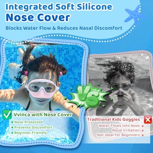 Vvinca 2 Pack Kids Swim Goggles with Nose Cover, Wide View Anti-Fog UV Protection Swimming Mask for Boys Girls Ages 3-14, No Leak Pool Goggles for Toddlers - Thumbnail 3
