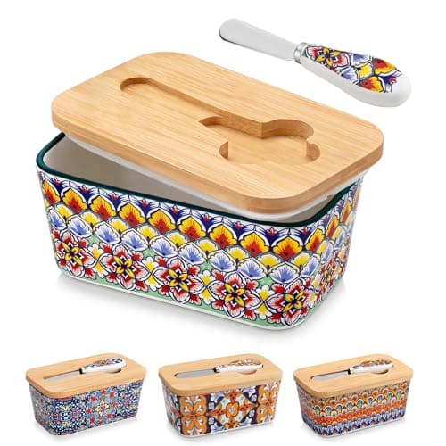 vancasso SIMI Butter Dish with Lid, 6.5" Large Butter Dish for Countertop, Bohemian Ceramic Butter Keeper Container with Knife and Bamboo Lid, Butter Holder for Counter, Golden Bloom - Image 1
