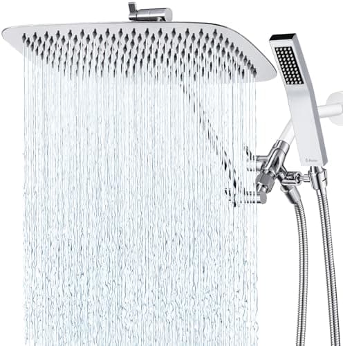 G-Promise All Metal 14 Inch Dual Square Shower Head with Handheld Spray Combo, Rain Shower Head, Adjustable Extension Arm, 3-Way Diverter, 71 Inch Extra Long Hose - A Bathroom Upgrade (Chrome) - Image 1