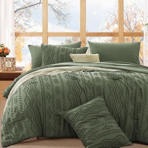 WRENSONGE Full Size Comforter Set with Sheets - 7 PiecesOlive Green Tufted Bed in a Bag Full Shabby Chic Bedding Sets with 1 Comforter, 2 Sheets, 2 Pillowcases & 2 Shams - Image 1