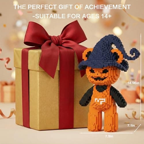 SehrKlug 14.96" Pumpkin Witch Teddy Blocks Bear Building Bricks Set, Micro Blocks Challenge for Adults, Ages 14+, Collectible Decor for Bedroom, Office or Bookshelf, Screen-Free Stress Relief Gift - Thumbnail 6