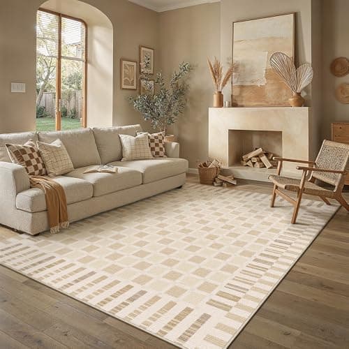 PureCozy Beige 8x10 Area Rug for Living Room Neutral Machine Washable Large Checkered Rugs Non-Slip Stain Resistant Low Pile Boho Accent Indoor Office Throw Carpet for Bedroom Playroom Nursery - Thumbnail 2