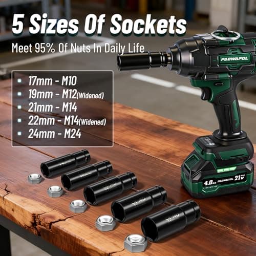 PAOWAFOL 2026 Impact Wrench 1180ft-lbs(1600N.m), 1/2" Impact Gun with 2x4.0Ah Battery, 21V Cordless Impact Driver High Torque with 5 Sockets, Pistola Llave De Impacto Brushless for Truck RV Home Car - Thumbnail 6