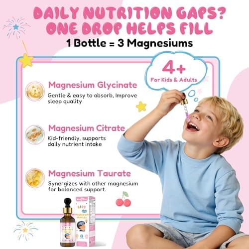 Liquid Magnesium Complex for Kids: Magnesium Glycinate Drops with Citrate Taurate Vitamin D3 B6 Ca Zinc Algal Oil Supports Calm Sleep Focus Immune Bone Health for Children, Non-GMO Strawberry Flavor - Thumbnail 4