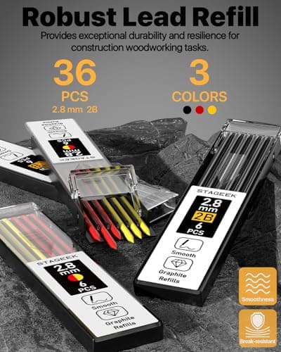 STAGEEK 3PCS Carpenter Pencils with Sharpener, Heavy Duty Woodworking Tools, Mechanical Pencil Set with 39 Refills, Deep Hole Long Nib Marker Pens for Architect Marking with Case (Red, Black, Yellow) - Thumbnail 5