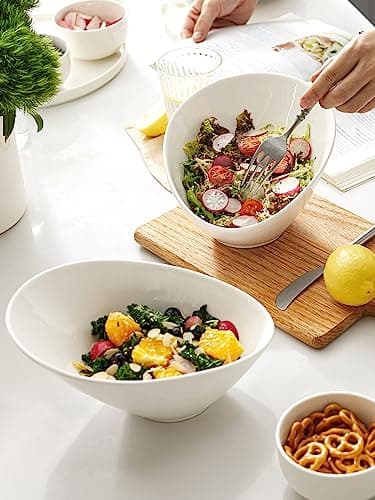 DOWAN 23 OZ Slanted Salad Bowls of 2 Packs - 9.5" Angled Serving Bowls for Salad, Fruit, Snacks - Ceramic White Bowls for Restaurant, Daily Use - Dishwasher & Microwave Safe - Thumbnail 5