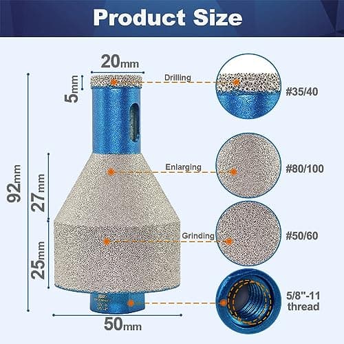 Diamond Core Drill Bit 20-50mm- BRSCHNITT Diamond Finger Milling Bits, Diamond Beveling Chamfer Bit,for Drilling Enlarging Shaping Holes of Porcelain Tile Ceramic Marble Granite Countertop - Thumbnail 2