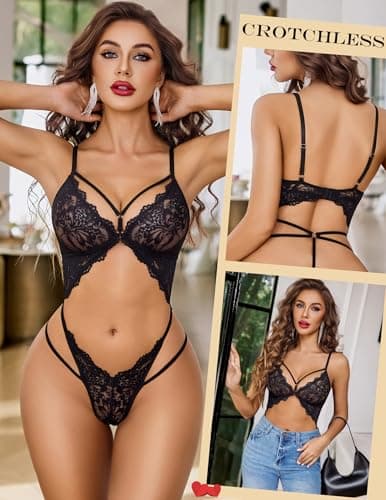 Avidlove Sexy Lingerie for Women Deep V Lace Teddy Cutout One Piece Bodysuit Mini Babydoll Black S - Thumbnail 3