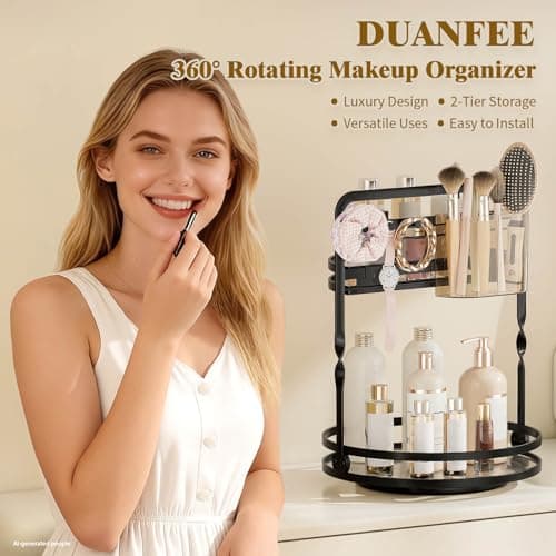 DUANFEE 360 Rotating Makeup Organizer, 2-Tier Black Perfume Organizer for Dresser, Bathroom Counter Organizer, Lazy Susan Vanity Tray Spinning Skincare Storage with Jewelry Hooks & Makeup Brush Holder - Thumbnail 2