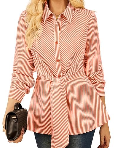 GRACE KARIN Peplum Tops for Women Tie Front Striped Button Down Shirt Collared Long Sleeve Business Casual Work Office Blouse Orange