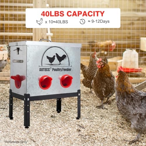 AOTECC Metal Chicken Feeder, 40lb Automatic Chicken Feeder - 6 Feeding Ports, No Waste Poultry Feeder with Locking Lid & Legs for Outdoor Inside Chicken Coops Geese Ducks, Weatherproof, Rodent Proof - Thumbnail 6
