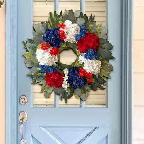 WANNA-CUL 250th Year Patriotic Wreaths for Front Door Decorations, 24 Inch 4th of July Hydrangea Wreath, Red White Blue Spring Door Wreath for Independence Day, Memorial Day for Indoor Outdoor Decor - Thumbnail 6