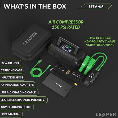 Leaper 12V Jump Starter, Black, with Air Compressor, 2000A Peak Current, 20000mAh Capacity, 3.6'' Digital Screen, Non-Polarized Green Clamps. Protective Carrying Case and a UL QC18W Fast Charger - Thumbnail 4