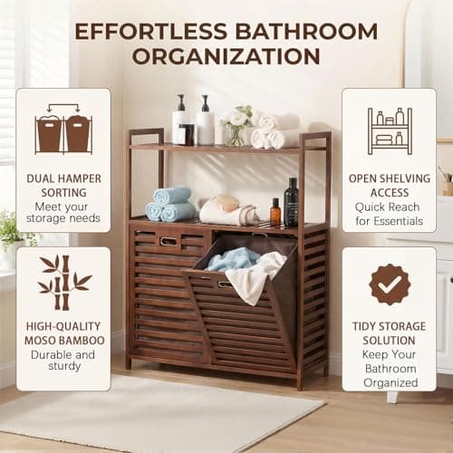 Baveke Bamboo Tilt Out Laundry Hamper with 2 Tier Shelves, Hidden Laundry Hampers with 2 Removable Bags, Pull Out Laundry Hamper Cabinet, Bathroom Storage Shelf for Laundry Room, FSC-Certified, Brown - Thumbnail 5