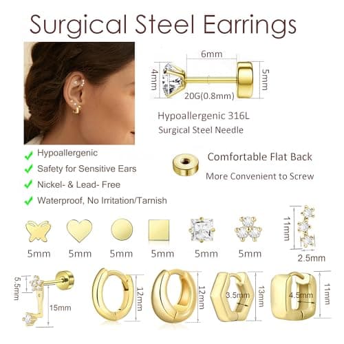 HILXURY 12 Pairs 14K Gold Plated Flat Back Hypoallergenic Earrings for Women Men Surgical Stainless Steel Earrings for Sensitive Ears Small Gold Stud Hoop Cartilage Earring Stack Set for Multiple Piercing Jewelry (Gold 01) - Thumbnail 5