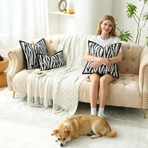 OLSUNOR Black and White Pillow Covers, 20x20 inch Striped Decorative Throw Pillow Covers w/Invisible Zipper & Velvet Flange Edge, Soft Chenille Jacquard Accent Pillow for Mother's Day, Home Decor - Thumbnail 2