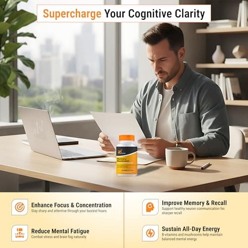 M NUTRITION Memory Mushroom + with Phosphatidylserine, Lions Mane, Turkey Tail, B Vitamins & Black Pepper – Brain & Focus Support Supplement – 60 Capsules, Non-GMO, Gluten-Free, Made in USA - Thumbnail 4