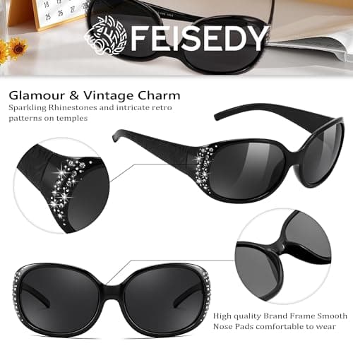 FEISEDY Women's Polarized Sunglasses Wrap Around Rhinestone Design Fashion Sunnies UV400 Protection B1091 Black/Grey - Thumbnail 3