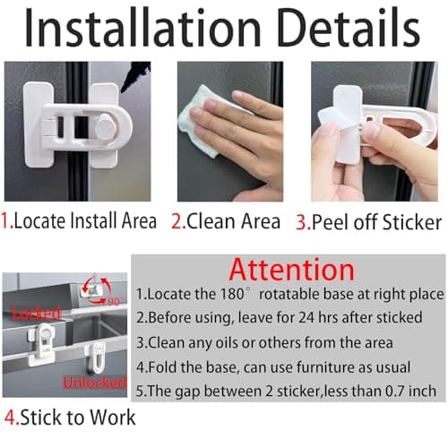 Bstsilver 2-Pack Fridge Lock Baby Proofing for Cabinet Door Drawer Freezer Oven Cupboard Kitchen Closet RV, French Refrigerator Latch Petproof Child Safety for Toddler Cat, Upgrade Adhesive, No Drill - Thumbnail 4