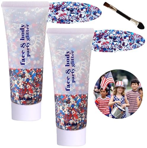 Red White and Blue Face Body Glitter, 4th of July Outfits for Women Girls USA Flag Pride Hair Body Face Glitter Gel Makeup Chunky Sequins, Fourth of July Accessories for Independence Day Celebrations - Image 1