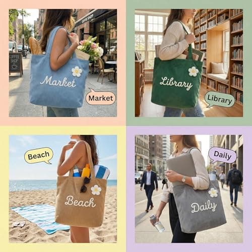 Personalized Corduroy Tote Bag for Women, Custom Name Large Shoulder Bag with Zipper, 3D Crochet Flower Embellishment, Stylish Travel College Work Handbag, Ideal Birthday Christmas Mother's Day Gift - Thumbnail 6