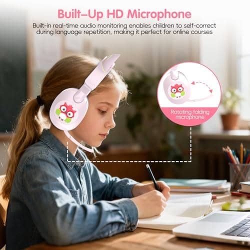 LOBKIN Kids Headphones with Microphone Bluetooth 6.0, Toddler Headphones LED Ligh Rotatable Foldable Sensitive Mic Adjustable 85/94dB Volume Limit Real-time Audio Feedback for Boys Girls Online School - Thumbnail 3