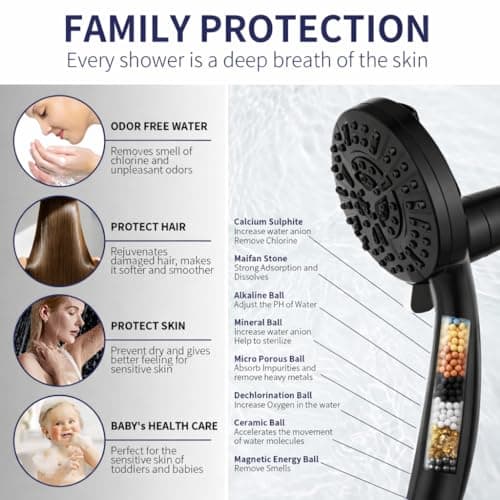 Magnetic Handheld Shower Head with Filter， High Pressure 10-Spray-Mode Detachable Shower Head with 60-Inch Hose, Powerful Hand Held Shower Head for Low Water Pressure（Matte Black） - Thumbnail 3
