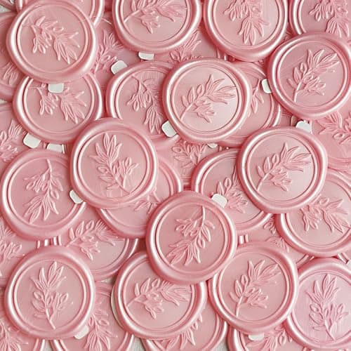 Pilloze 50Pcs Pink Self-Adhesive Wax Seal Stickers - Olive Branch Envelope Seal Stickers Perfect for Wedding Invitation, Envelopes, Wedding Invitation Accessories, Christmas Cards, Gift Wrapping - Image 1