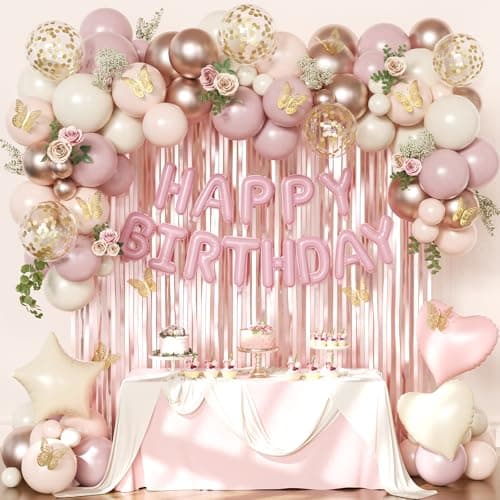 Dusty Pink and Gold Birthday Decorations for Women Girls, Dusty Pink Blush Rose Gold Sand White Gold Foil Confetti Balloons Happy birthday Banner Gold Butterfly Fringe Curtains Birthday Decorations - Image 1
