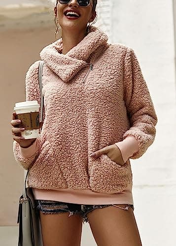 KIRUNDO Winter Clothing for Women Sherpa Pullover Fleece Zip Sweatshirt 2026 Fall Fashion Fuzzy Faux Shearling Warm Outwear(X-Large,Pink) - Thumbnail 6