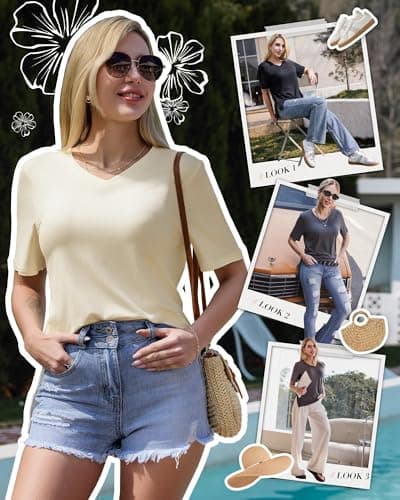 GAYHAY 3 Pack V Neck Short Sleeve Shirts for Women - Casual Soft Tops Basic Loose Fit Outfits Clothes for Vacation - Thumbnail 2