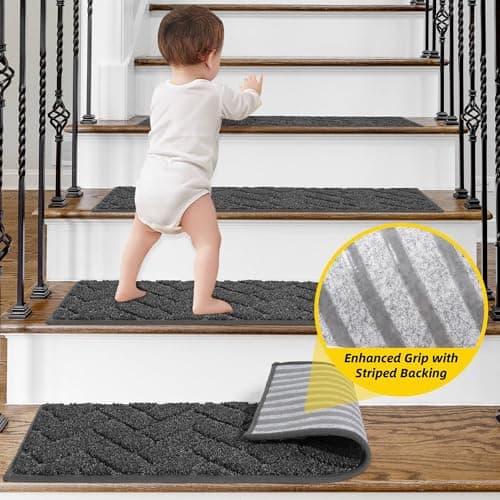 Non-Slip Stair Treads for Wooden Steps Indoor, 15 Pack 9" X 28" Edging Stair Runner with TPE Backing, 0.4" Thick Stair Rugs for Kids Elders & Pets, 100% Polyester Soft Carpet Stair Mats, Black - Thumbnail 2