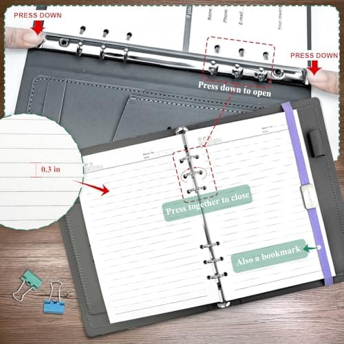 GLAM GROVE A5 Binder with 6 Ring – Lined Leather Journal Notebook, Refillable Hardcover with Pen Loop, 160 Pages 100G Thick Paper for Work, Travel & School Writing (Purple) - Thumbnail 4