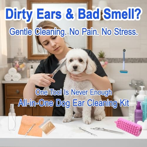ATEYUWIS Dog Ear Cleaning Kit for Dogs and Cats, Pet Ear Care Grooming Tool Set with Pet-Safe Silicone Ear Cleaner, Tweezers, Scissors, Cotton Swabs and Cleaning Cloth - Thumbnail 2