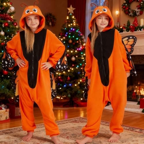 CWDGAGANB Kids Orange Monarch Butterfly Onesie Pajamas Butterflies Costume Halloween Costumes Cosplay Sleepwear for Girls Boys 120cm - Thumbnail 4