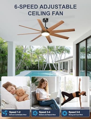 Ohniyou 60'' Ceiling Fan with Light - 8 Blades Modern Farmhouse Ceiling Fan Remote/APP Control, Dimmable, Covered Outdoor Fan for Patio, Living Room, Black+Wood Color - Thumbnail 6