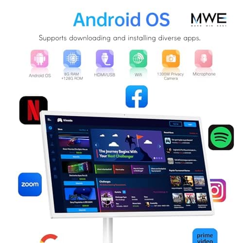 OHYEAHSPIN 22 Inch Portable TV on Wheels, 2K Smart Touch Screen Rolling TV LCD Display with Wires plugged in use, Android OS, Type-C, USB, HDMI Port, Support Wireless Mouse Keyboard - Thumbnail 4