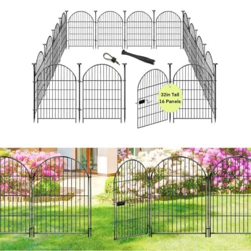 ADAVIN Garden Fence Animal Barrier with Gate 32 in(H)×35 Ft(L) 16 Panels,Rustproof Metal Wire Tall Fencing Border for Dogs Rabbits,Outdoor no dig pet Fences,Black Flower Edging for Yard,Arched - Image 1