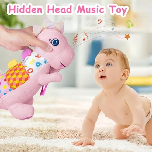 Baby Dino Plush Soft Stuffed Animal Toy for 0-3-6-12+ Months,Infant Musical Toy with Rattle,Squeaker,Sensory Crinkle,Teether & Textures,Tummy Time Toys Christmas Baby Gift for Newborn Girl(Pink) - Thumbnail 4