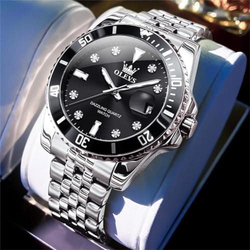 OLEVS Watch Men,Men's Silver Watch Black Face,Silver Watches for Men,Mens Luxury Wristwatch Stainless Steel,Minimalist Big Face Black Wristwatch,Men's Dress Watches,Relojes para Hombres - Thumbnail 2