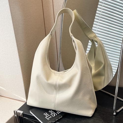 JueiXeoy Leather Hobo Bags for Women Slouchy Tote Bag Retro PU Leather Purse Soft Shoulder Handbags Large Work Tote Bag 2pcs Beige - Thumbnail 3