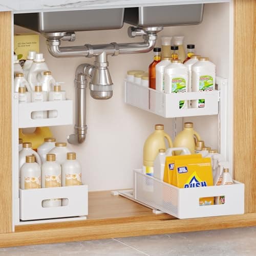 HAIREALM 2 Pack Under Sink Organizer, Adjustable Height Under Sink Organizers and Storage, Smooth & Silent Sliding Out Metal Drawer for Kitchen Bathroom Pantry Cabinet Closet (White) - Image 1