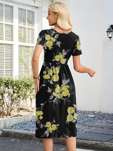 Heymoments Ladies Dresses Floral Print Large Wedding Guest Crewneck Short Sleeves A line Casual Flowy Swing Cocktail Slimming Birthday Party Summer Travel Long Midi Dresses with Pocket - Thumbnail 4